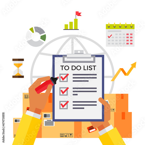 To do list or planning in delivery service. Hands holding clipboard with checklist with checkmarks against background of cardboard boxes. Tasks completed. Paper sheet with check marks business banner