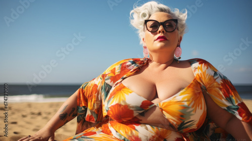 body positive, plus size woman enjoys summer day at the beach photo