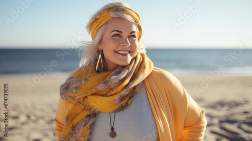 body positive, plus size woman enjoys summer day at the beach