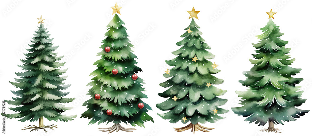 Set of Christmas tree decorations with stars, lights, red balls, Watercolor illustration art isolated on transparent and white background