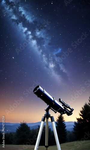 Starry Night Sky With Telescope.