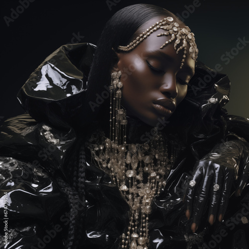 a black female super model who is crying, wearing funeral like attire with elements of modern streetwear, her jewellery is like cyberpunk like, oversized silk puffer jacket.
AI generated