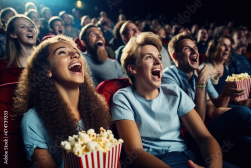 People having fun time at a movie theater laughing