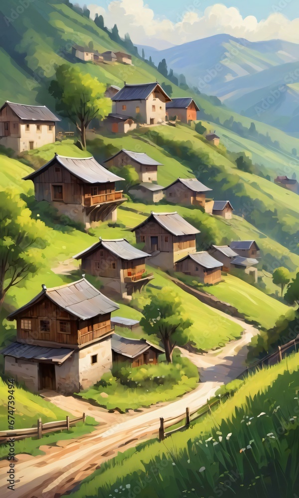 Painting Style Illustration Of A Peaceful Small Rural Village On A Mountain Slope.