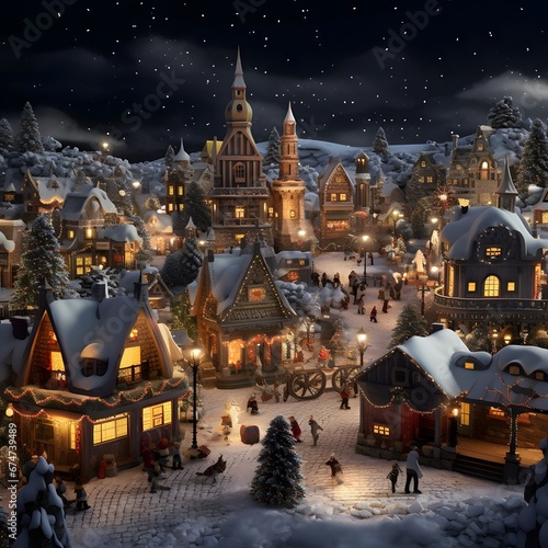 Christmas and New Year holidays background. Little town with Christmas tree and decorations.