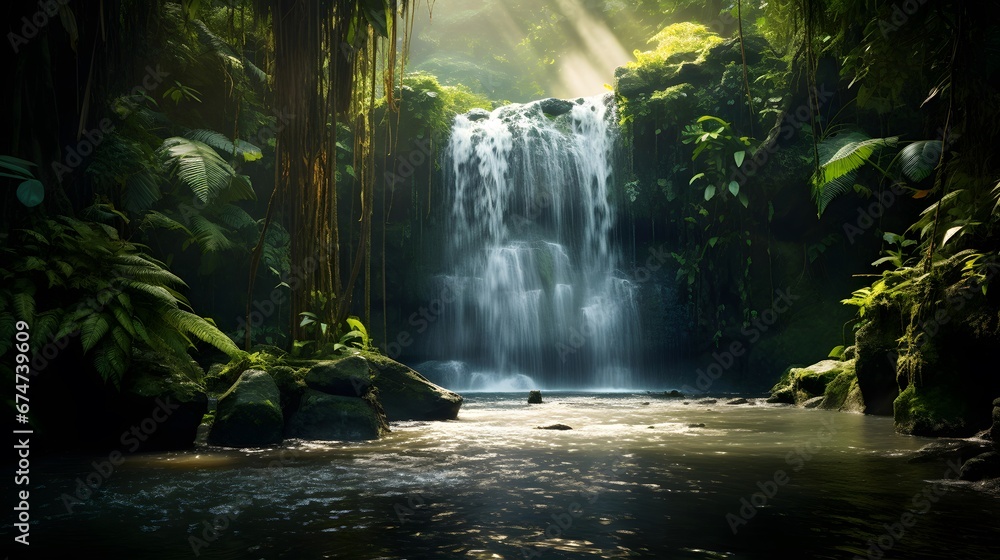 Panorama of a waterfall in a tropical rainforest. Panorama