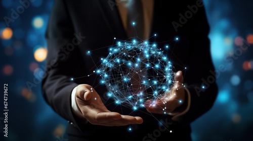 Digital technology, businessman holding Global network connection. Big data analytics and business intelligence. World map point and line composition of global business. innovation, generate by AI