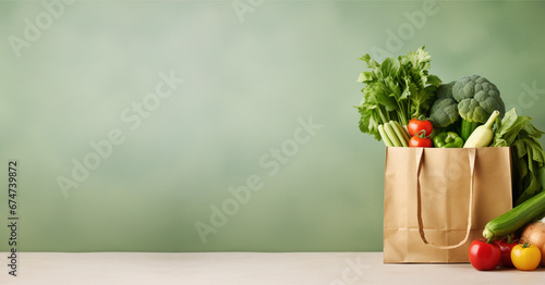 Shopping bag with healthy food with copy space.Shopping paper bag with different groceries on white background. Space for text. Generative AI