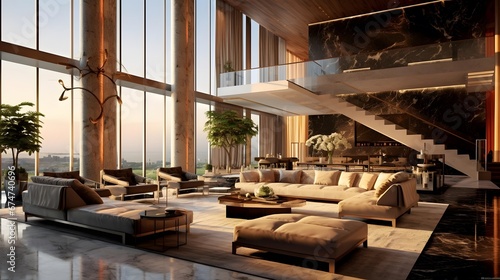 modern living room with panoramic windows and sofa. 3d rendering