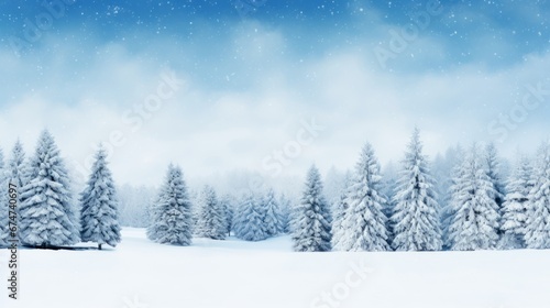 Winter panorama with snow covered fir branches and delicate snowfall in cold color palette.