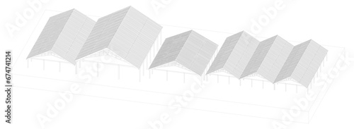 row of warehouses with corrugated iron roof structures and wooden frames.
illustrates the traditional brick production area of Southeast Asia with perspective lines art for architecture student 2