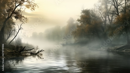 silent nature river fog landscape illustration morning calm, autumn lake, sunrise season silent nature river fog landscape © sevector