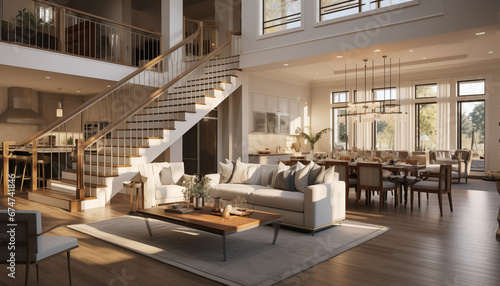 Stunning Panorama of Luxury Home Interior with Open Concept Floor Plan: Shows Living Room, Dining Room, Kitchen, and Entry. Elegant Stairs Lead up to Second Story. AI generated. photo