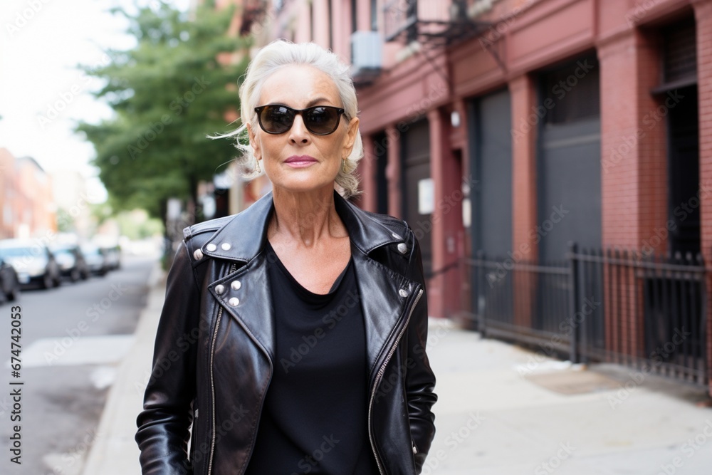 The Cool and Edgy Woman in a Black Leather Jacket and Sunglasses
