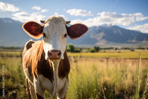 A Majestic Brown and White Cow Grazing on a Vibrant  Lush Green Field