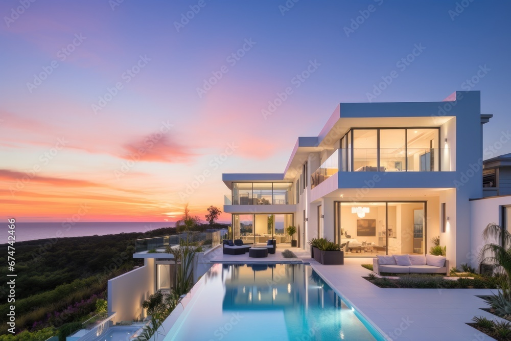 A Majestic White Mansion Surrounded by a Serene Pool and Lush Landscape - obrazy, fototapety, plakaty 