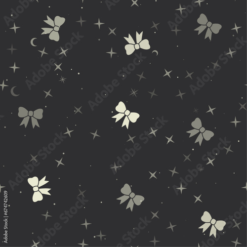 Seamless pattern with stars, bow symbols on black background. Night sky. Vector illustration on black background
