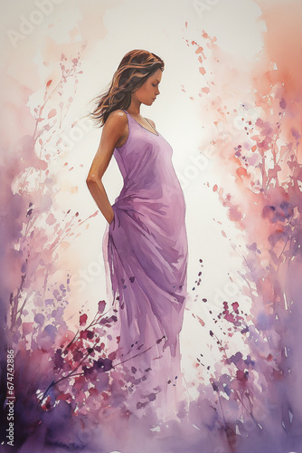 pregnant girl, watercolor drawing, purple tones