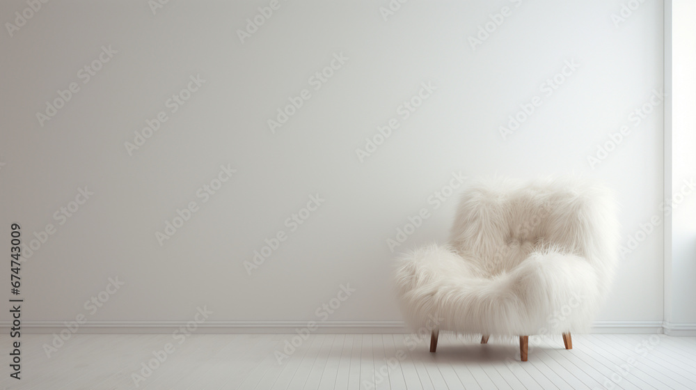 Interior of a empty minimal modern white room with fur armchair on wall background. Boho style. Copy space. Generative AI Interior of a empty minimal modern white room with fur armchair on wall background. Boho style. Copy space. Generative AI