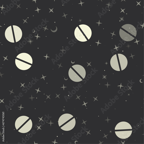 Seamless pattern with stars, pill symbols on black background. Night sky. Vector illustration on black background