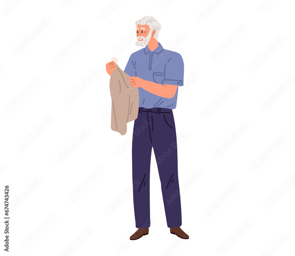 Clothing and garment care concept. Elderly man washing, laundrying clothes. Male character holding laundry, fabric isolated on white background. Time for professional apparel washing, housekeping Clothing and garment care concept. Elderly man washing, laundrying clothes. Male character holding laundry, fabric isolated on white background. Time for professional apparel washing, housekeping