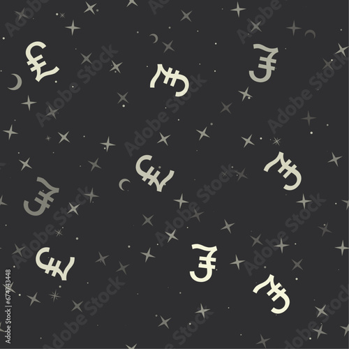 Seamless pattern with stars, lira symbols on black background. Night sky. Vector illustration on black background