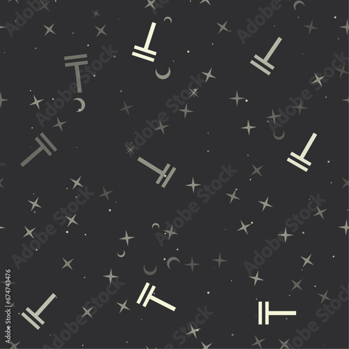Seamless pattern with stars, tenge symbols on black background. Night sky. Vector illustration on black background