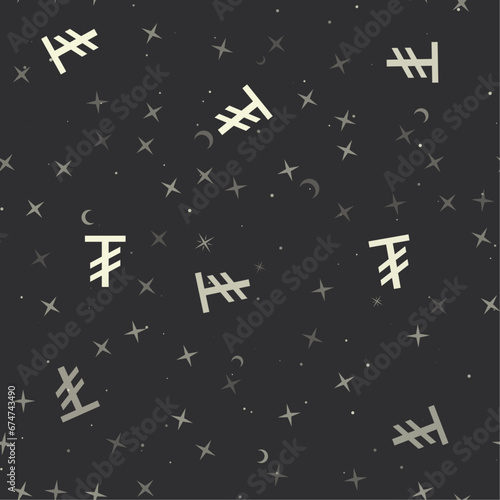 Seamless pattern with stars, tugrik symbols on black background. Night sky. Vector illustration on black background