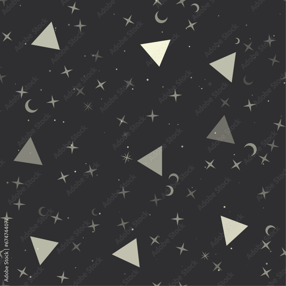 Seamless pattern with stars, triangle symbols on black background. Night sky. Vector illustration on black background Seamless pattern with stars, triangle symbols on black background. Night sky. Vector illustration on black background