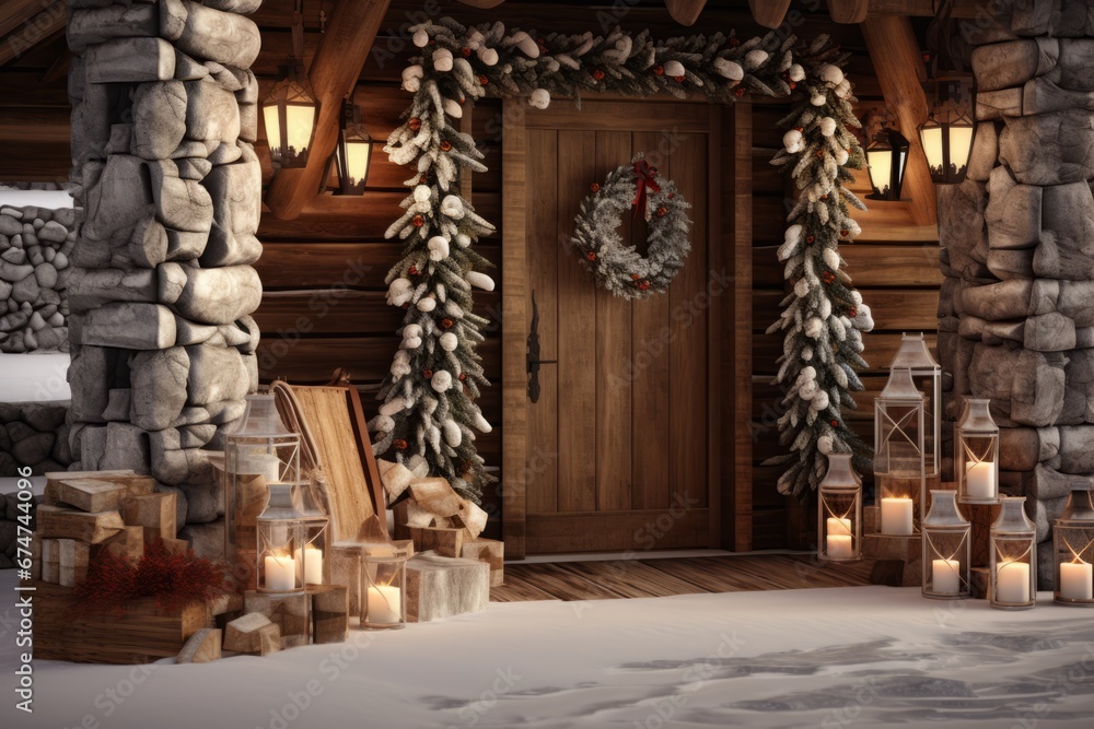 Charming festive christmas cottage with cozy ambiance and snowy surroundings at evening