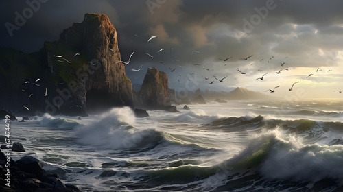 A panoramic shot of a stormy seascape with a flock of seagulls