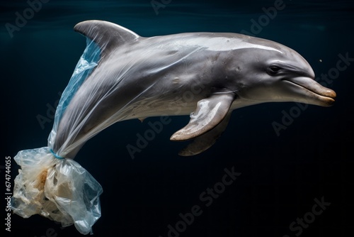 A plastic bag figure of a playful dolphin leaping out of the water, drawing attention to plastic pollution in oceans.
