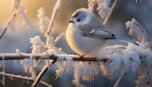 Adorable avian perched on frosty branch in serene winter wonderland, embodying holiday spirit.