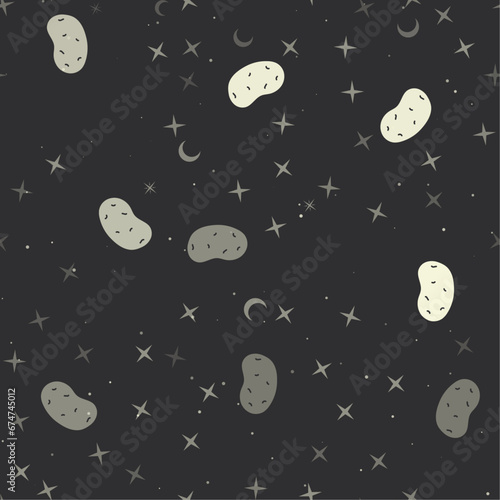 Fototapeta Naklejka Na Ścianę i Meble -  Seamless pattern with stars, potatoes symbols on black background. Night sky. Vector illustration on black background