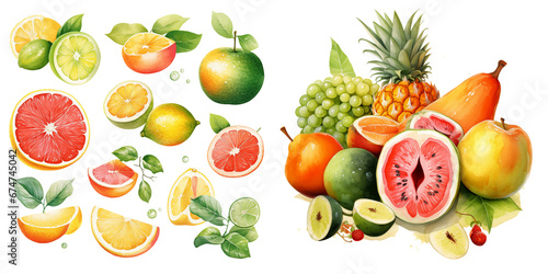 Vibrant Watercolor Assortment of Tropical and Citrus Fruits Illustration