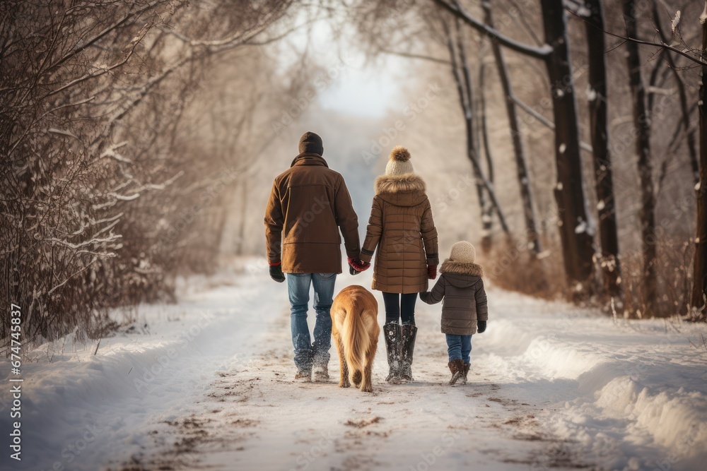 Young kids playing and running with his dog in a snowy wonderland Young kids playing and running with his dog in a snowy wonderland