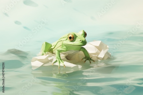 A pastel-mint green paper frog with long, outstretched legs, ready to leap into a pastel pond. © Oleksandr