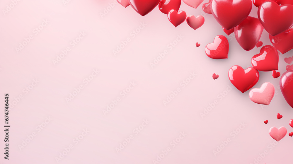 Red hearts on pink  background  top view with copy space for text. Saint Valentine's day 14 February.	