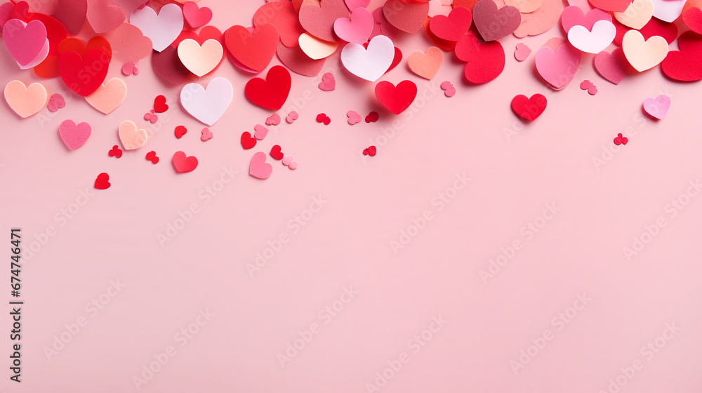 Paper red hearts on pink blured background with copy space for text. Top view. Saint Valentine's day 14 February.	