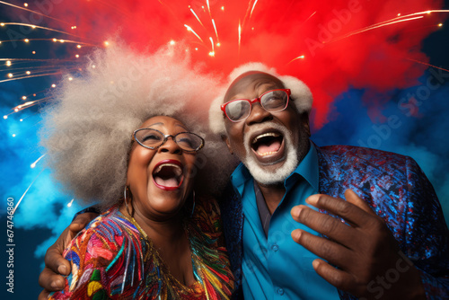 Generative ai senior black couple partying celebrating photo