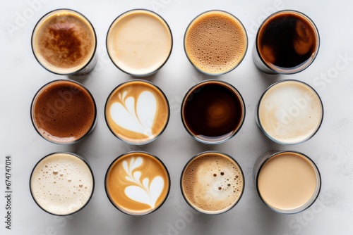 Multiple cups of coffee with variety of coffee drinks on white. Top view, flat lay