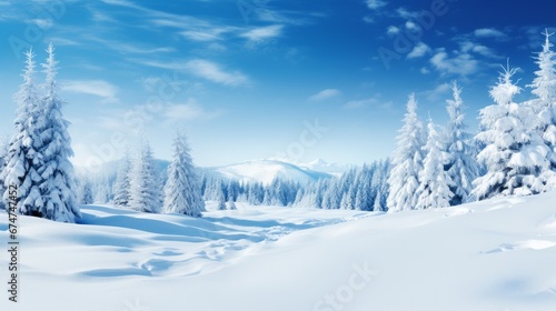 Breathtaking winter panorama snowy fir branches and delicate snowfall in cold color palette