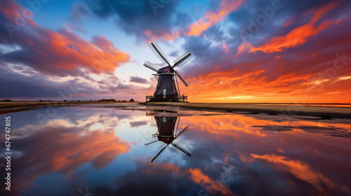 Traditional windmill near the canal or lake. photo