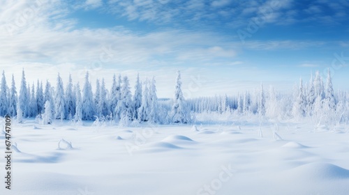 Enchanting winter panorama with snow covered branches and delicate snowfall in a cold color palette.