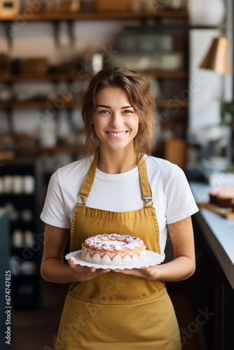 Young woman baker holding a simple cake, smiling in cafe