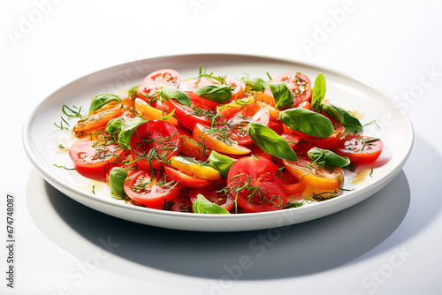 salad with tomatoes and cucumbers. Food photography. white plate. white background. vegetarian meal. vegan food. delicious restaurant meal. 