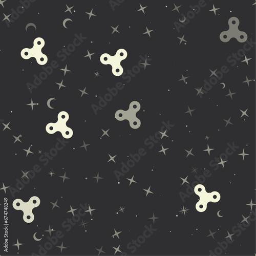 Seamless pattern with stars, spinner symbols on black background. Night sky. Vector illustration on black background