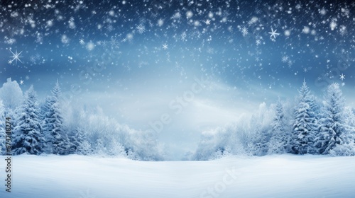 Breathtaking winter panorama with glistening snow covered fir branches and delicate snowfall