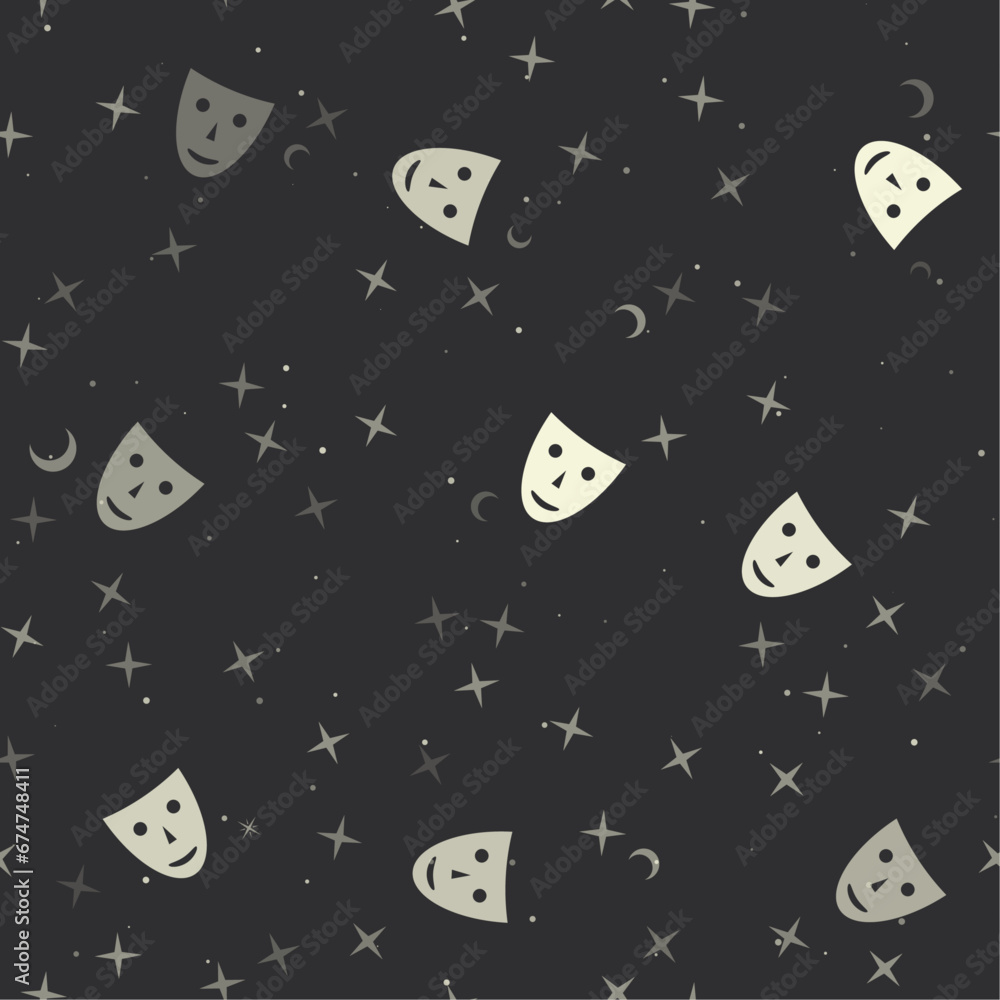 Seamless pattern with stars, theatrical masks on black background. Night sky. Vector illustration on black background