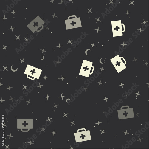 Seamless pattern with stars, first aid symbols on black background. Night sky. Vector illustration on black background